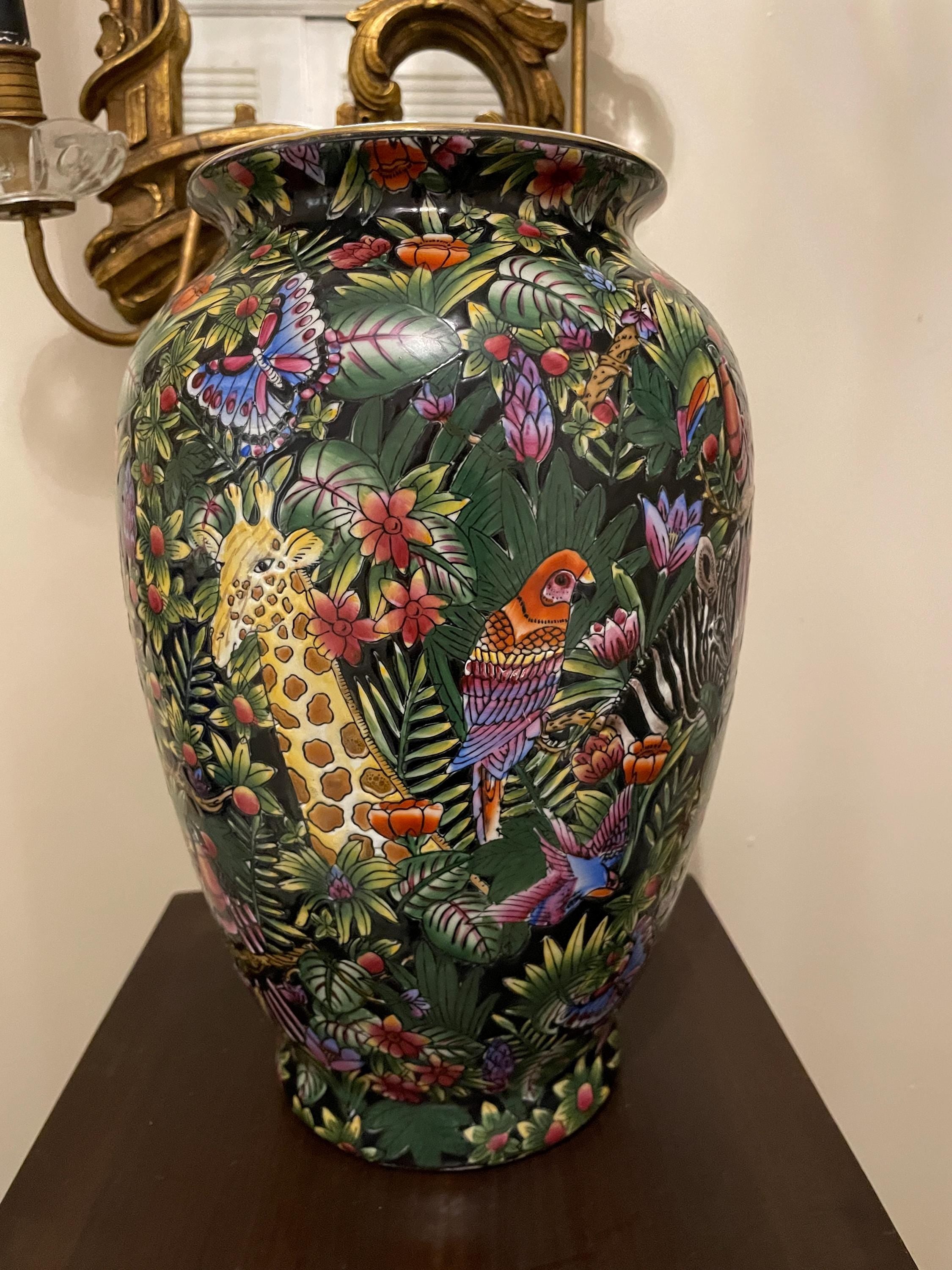 Hand-Painted Zebra Art Wildlife Vase Set Same Artist Colorful Floral Animal Motifs Perfect Home Décor Pair Unique Handcrafted Collection