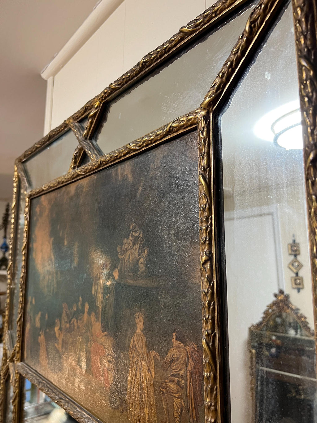 Antique  French Trumeau Gold Wood with Oil  Painting Tall Mirror 1900s