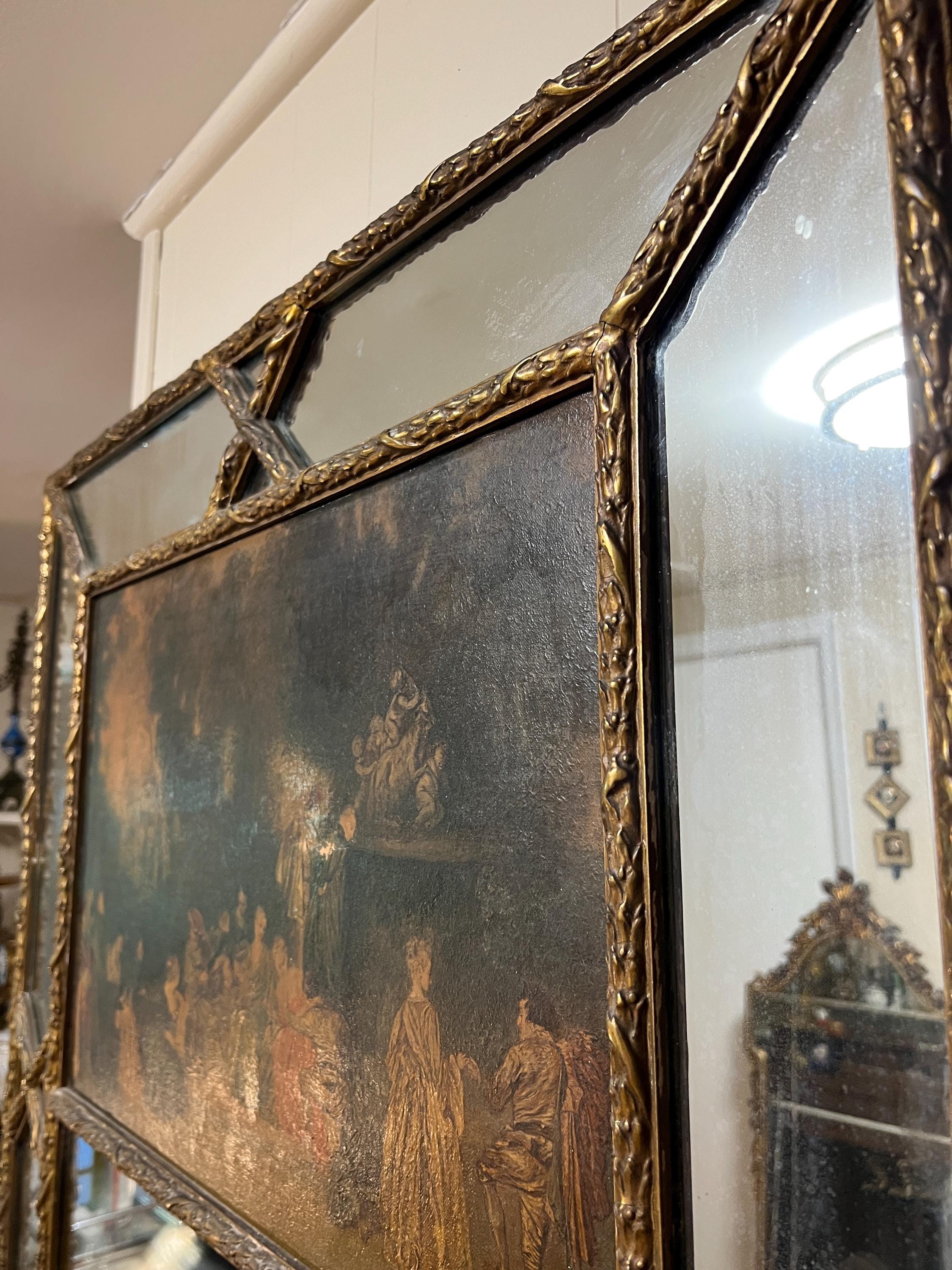 Antique  French Trumeau Gold Wood with Oil  Painting Tall Mirror 1900s