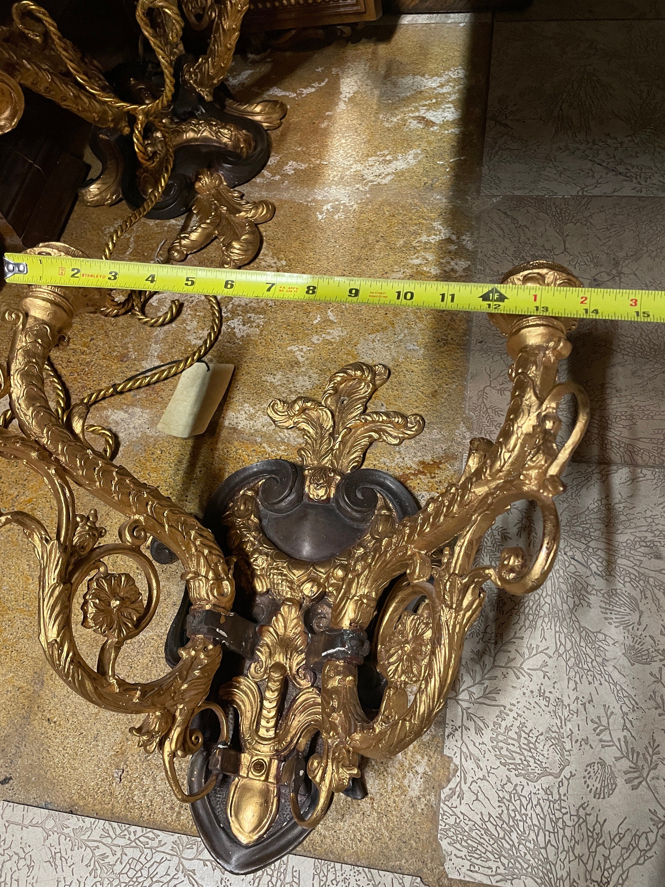Pair of Vintage Heavy Gold Cast Iron Candlestick  Wall Sconces
