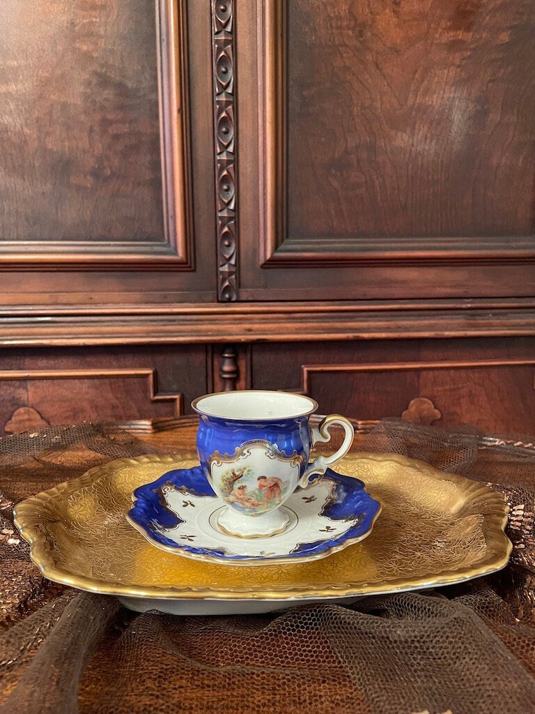 Antique Hand Painting Cobalt Blue Collectible  Porcelain  Coffee Cup & Saucer