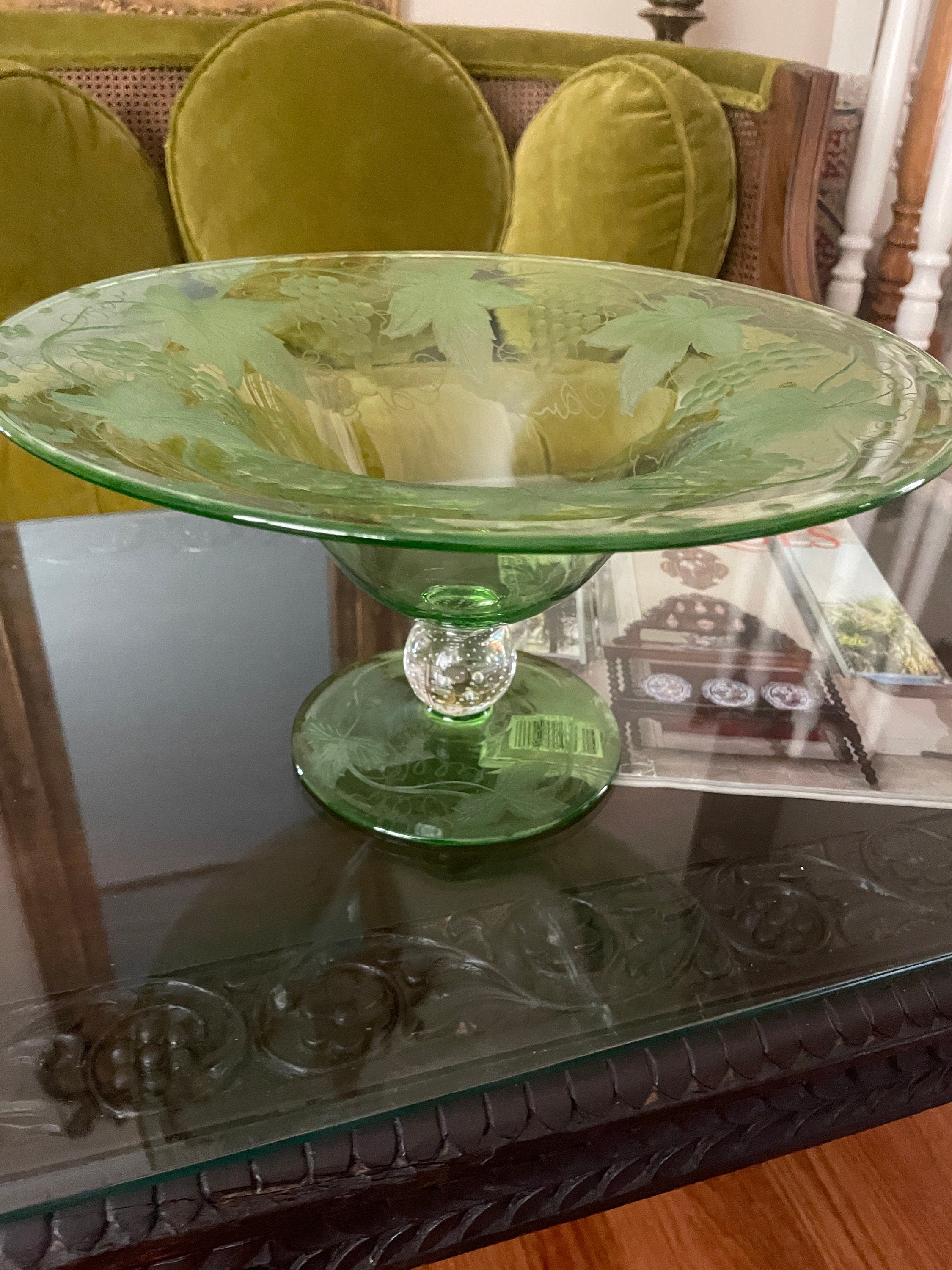 Pairpoint Glass Green Grape Pattern Cut Glass Footed Large Console Bowl.Decorated Bowl Centerpiece Serving Dish Footed Bowl Tableware Dish
