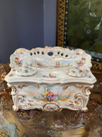 Romantic Rococo Porcelain Inkstand Pastoral Scene Gold Trimmed Antique Desk Decoration Floral Detail Hand Painted Desktop Collectible