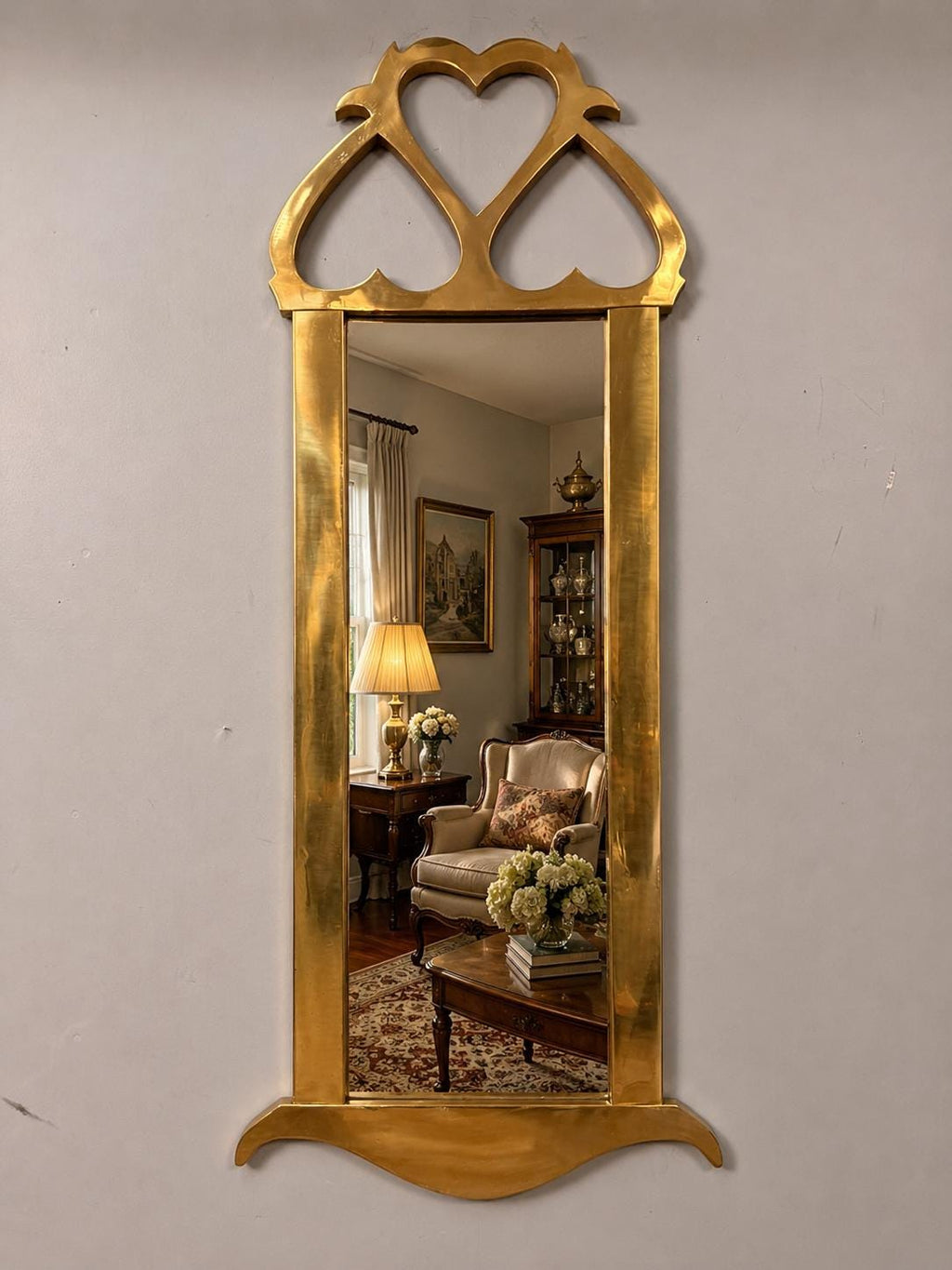 Vintage Beveled Brass Rectangular Entryway Wall Mirror with Heart Detail, 44” Tall