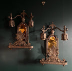 Antique Art Deco Bronze Wall Sconce Pair Leaf Motif Beveled Mirror Electric Light Fixture Ornate Gothic Revival Style Architectural Salvage