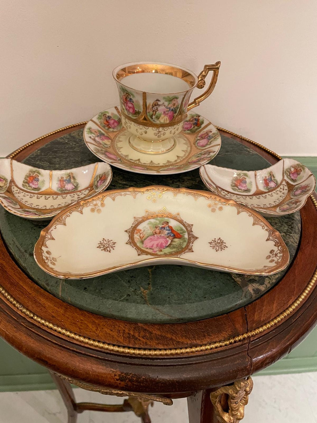 Vintage German Porcelain Tea Snack Set Romantic Courting Scene Gold Trim Hand Painted Cup Tray Bowls Collectible Rococo Style Display Piece