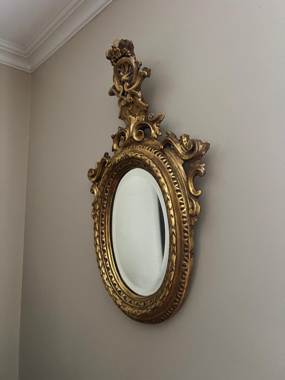 Antique Baroque Style Oval Wall Mirror Gold Gilt Frame Floral Crown Crest Elegant Carved Wood Accent Vintage French Style Mirror Decor