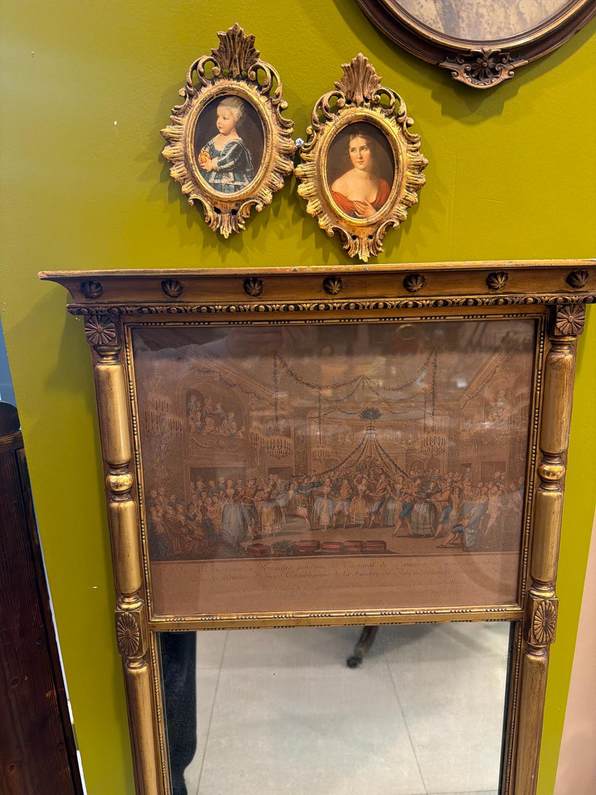 Antique French Trumeau Mirror with Engraved Scene Panel, Gilt Wood Frame, 19th Century