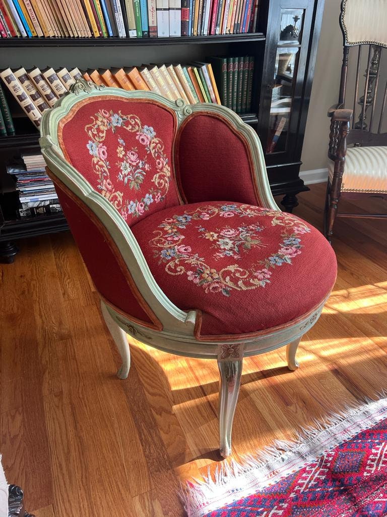 Vintage French Louis XV Salon Chair Floral Tapestry Red Needlepoint Seat Carved White Frame Rococo Vanity Accent Seating Unique Decoration