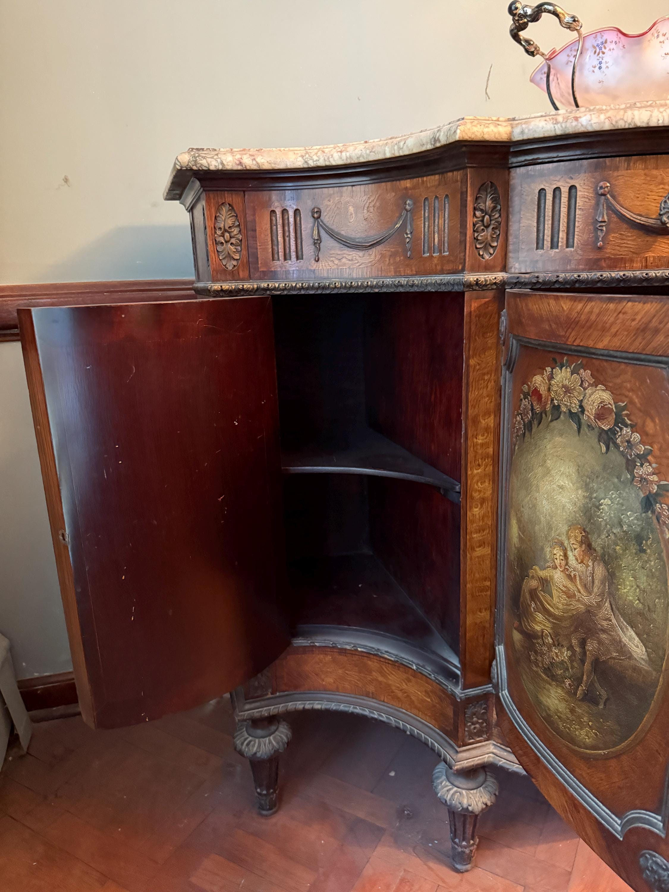 Antique French Marble Top Sideboard Hand Painted Panels Louis XV Style Painted Cabinet Elegant Drawers Luxurious Furniture Console Buffet