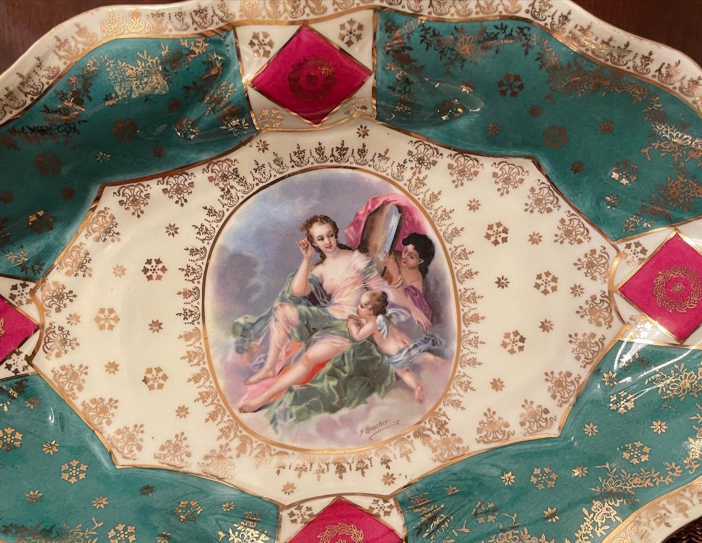 Antique Porcelain Wall Plate Rococo Lovers Scene Gold Trim Turquoise Pink Charger Hand Painted Cherub Romantic Baroque French Style Art