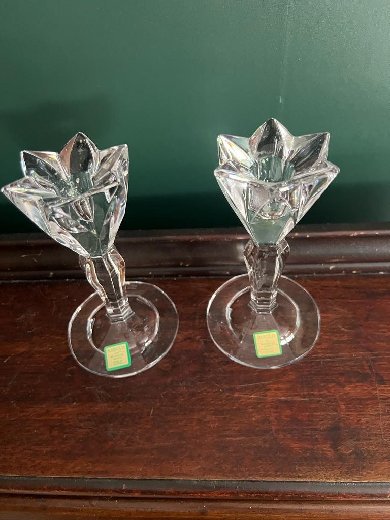 Vintage Crystal Tulip Candle Holders Elegant Faceted Clear Glass Taper Stand Pair Classic Dining Decor Table Accent Home Collectible Gift