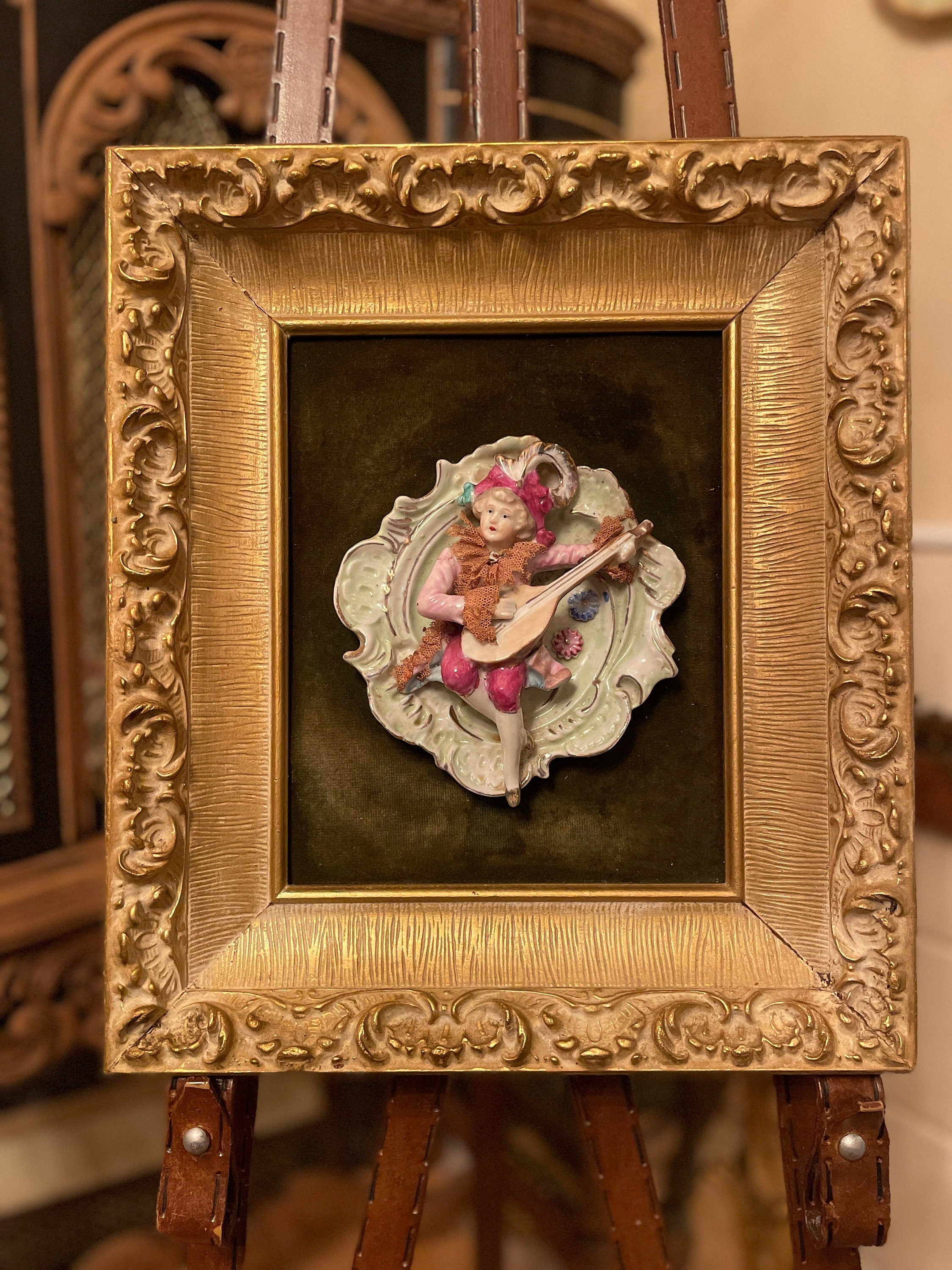 Antique Porcelain Wall Plaque Couple Relief Gilt Frame Velvet Backing Victorian Style French Rococo Art Figurine Decor Romantic Gift Idea