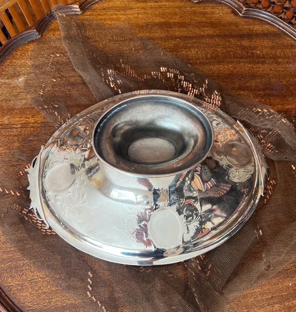 Antique Silverplate Footed Centerpiece Bowl Victorian Embossed Lion Head Decorative Dish Table Display Ornate Classical Revival Style