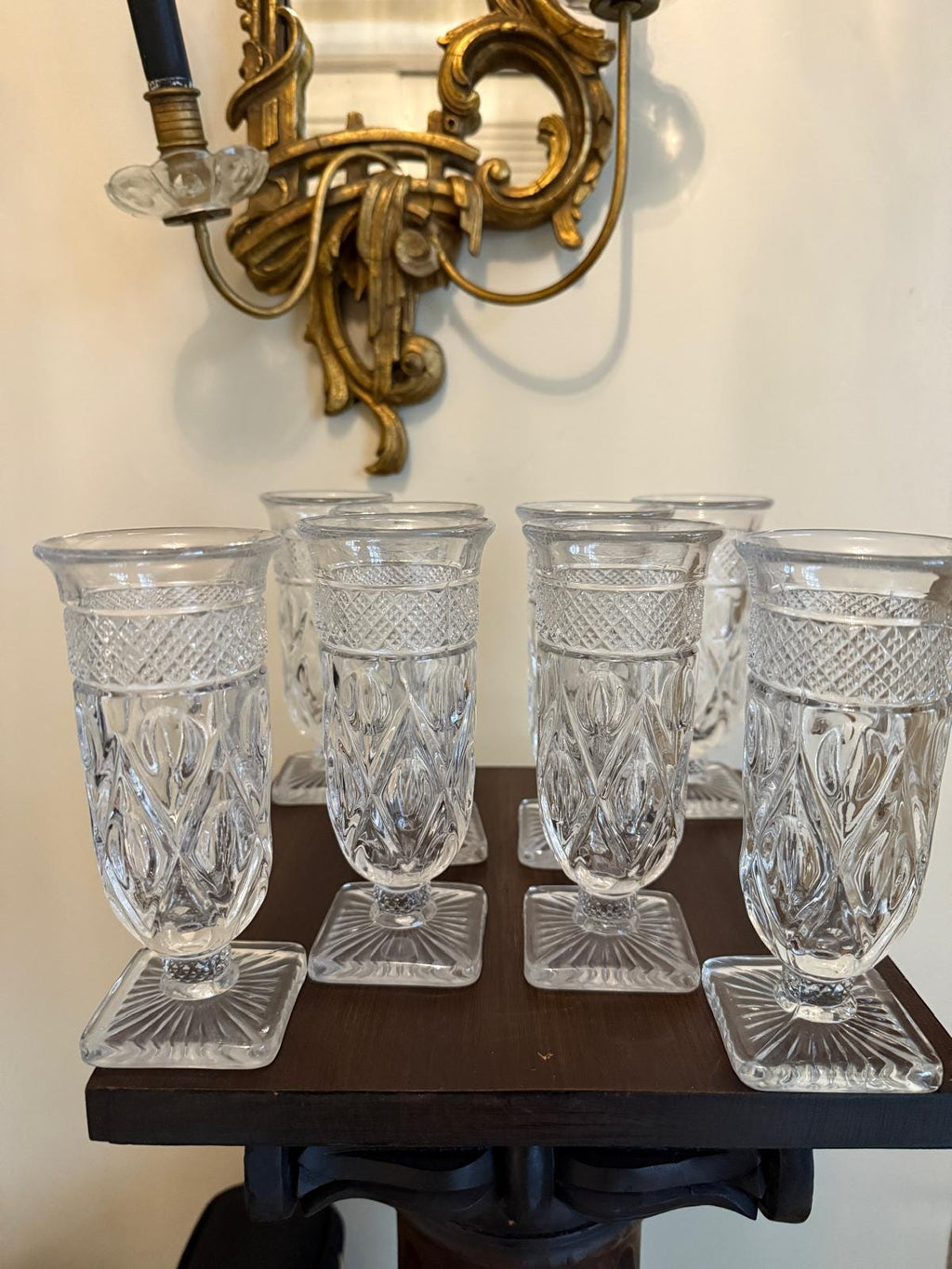 Vintage Clear Pressed Glass Drinkware Set with Mini Pitcher, Elegant Cut Glass Look Set of 8 Goblets & Small Jug Footed Glasses