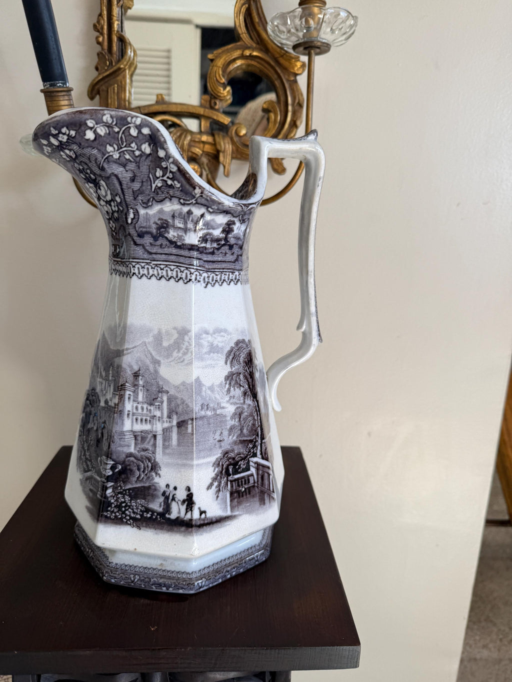 Antique Jug Pitcher Alleghany Ironstone Black Transferware Jug by R. Goddard & Co.19th C. American Pottery Romantic Pastoral Landscape Motif