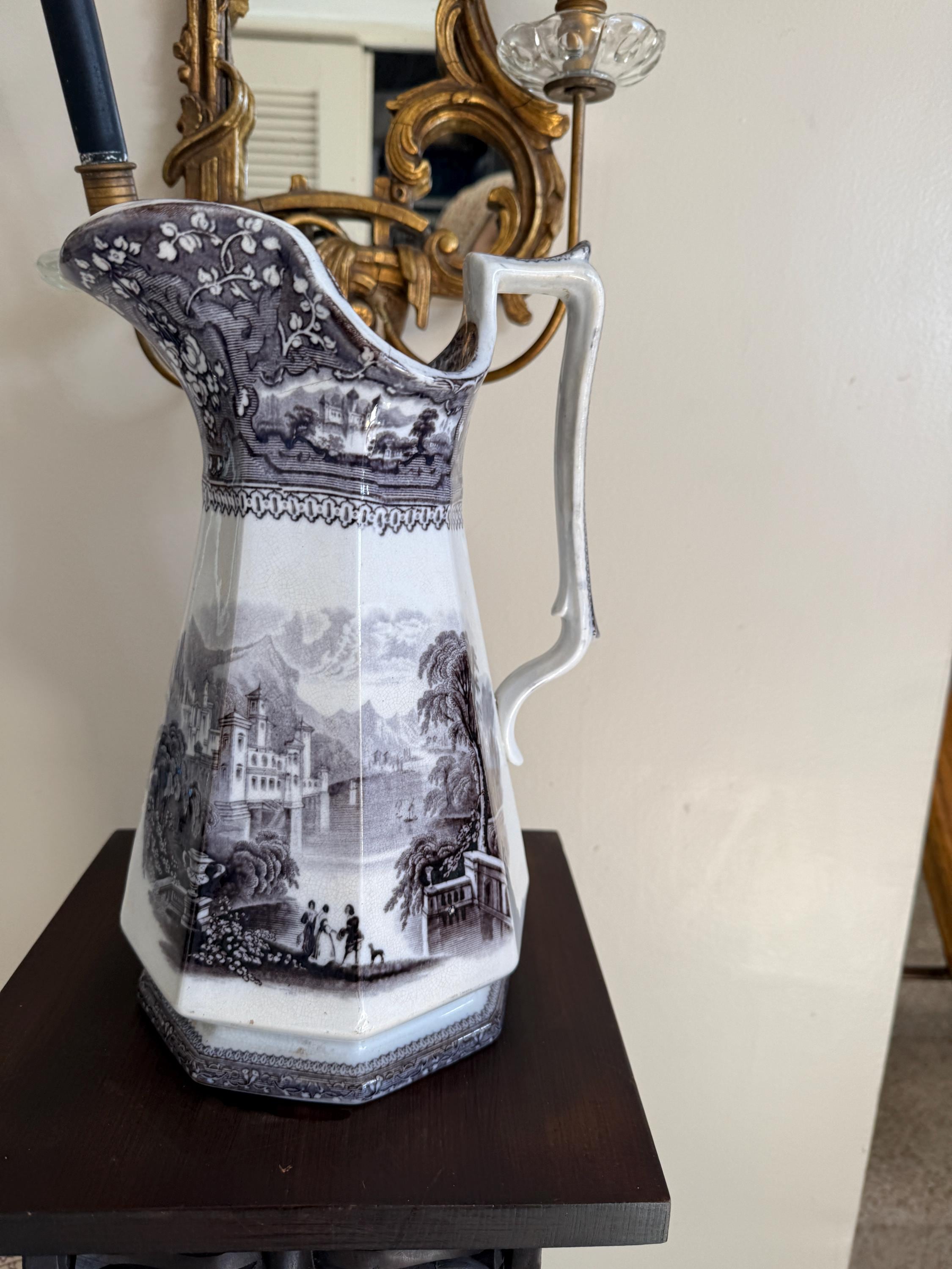 Antique Jug Pitcher Alleghany Ironstone Black Transferware Jug by R. Goddard & Co.19th C. American Pottery Romantic Pastoral Landscape Motif