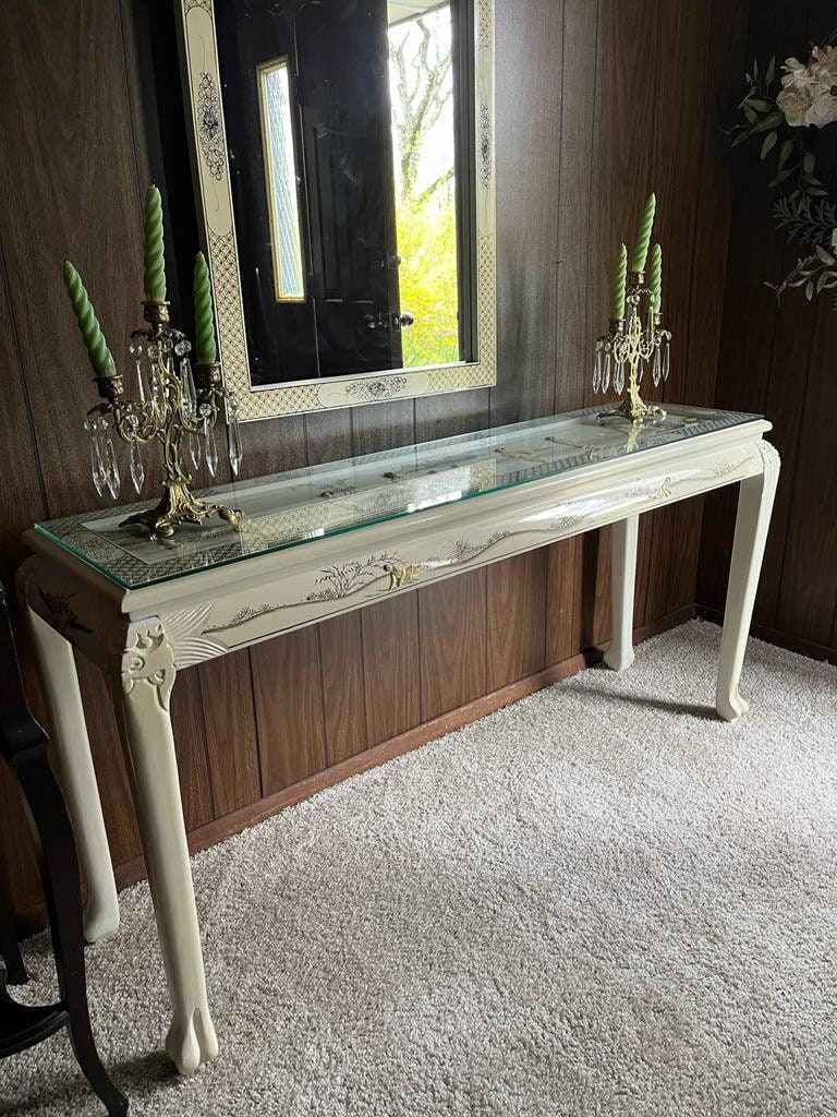 Vintage Asian Console Table Mirror Set Hand Painted Glass Top Cream Lacquer Ornate Scene Decoration Hollywood Regency Entryway Piece