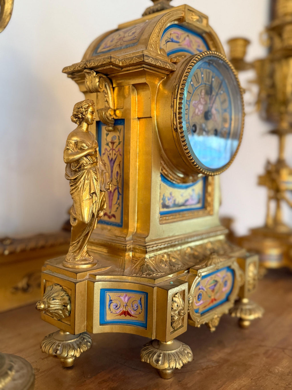 Antique French Ormolu Clock Candelabra Garniture Set Late 19th Century Cloisonné Enamel Sevres  Porcelain Clock  Set Luxurious Home Decor
