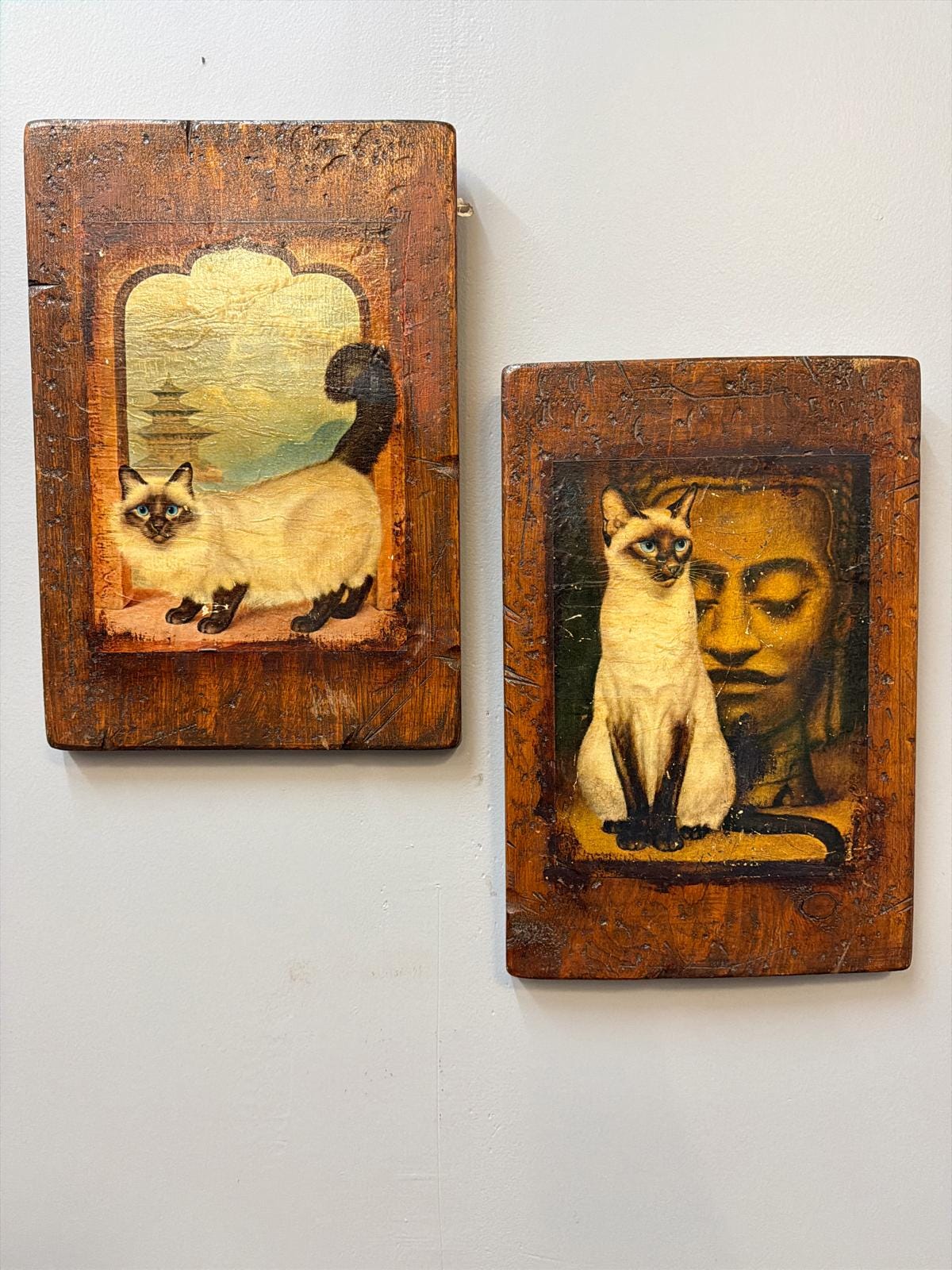 Vintage Style Siamese Cat Art Panels – Rustic Wood Mixed Media Wall Decor – Eclectic Boho Cat Lover Gift – Set of 2 Print transfer on wood