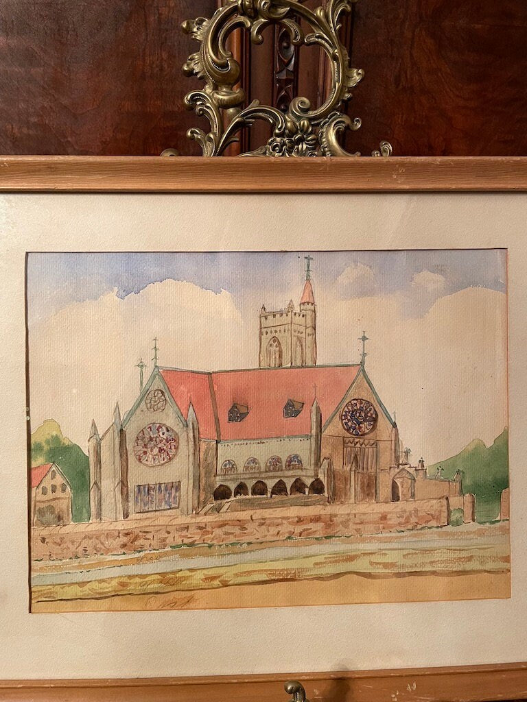 Vintage Watercolored Church Scene Hand Painting Framed