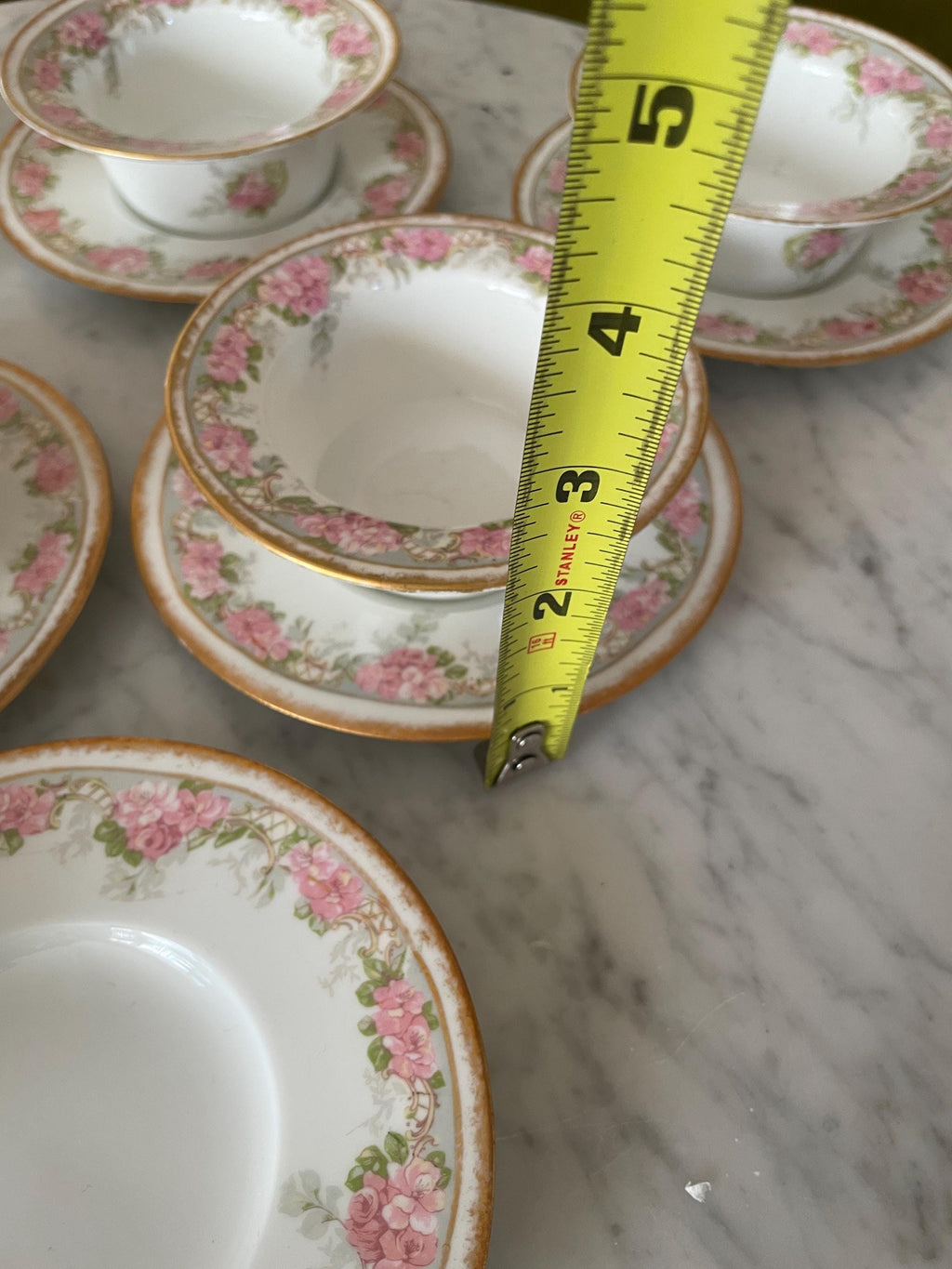 Jean Pouyat Limoges Pink Roses Gold Ramekin & Saucers Set of 6 Vintage Floral Porcelain Soup Bowls Set Gold Rimmed Elegant Dishware