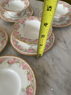Jean Pouyat Limoges Pink Roses Gold Ramekin & Saucers Set of 6 Vintage Floral Porcelain Soup Bowls Set Gold Rimmed Elegant Dishware