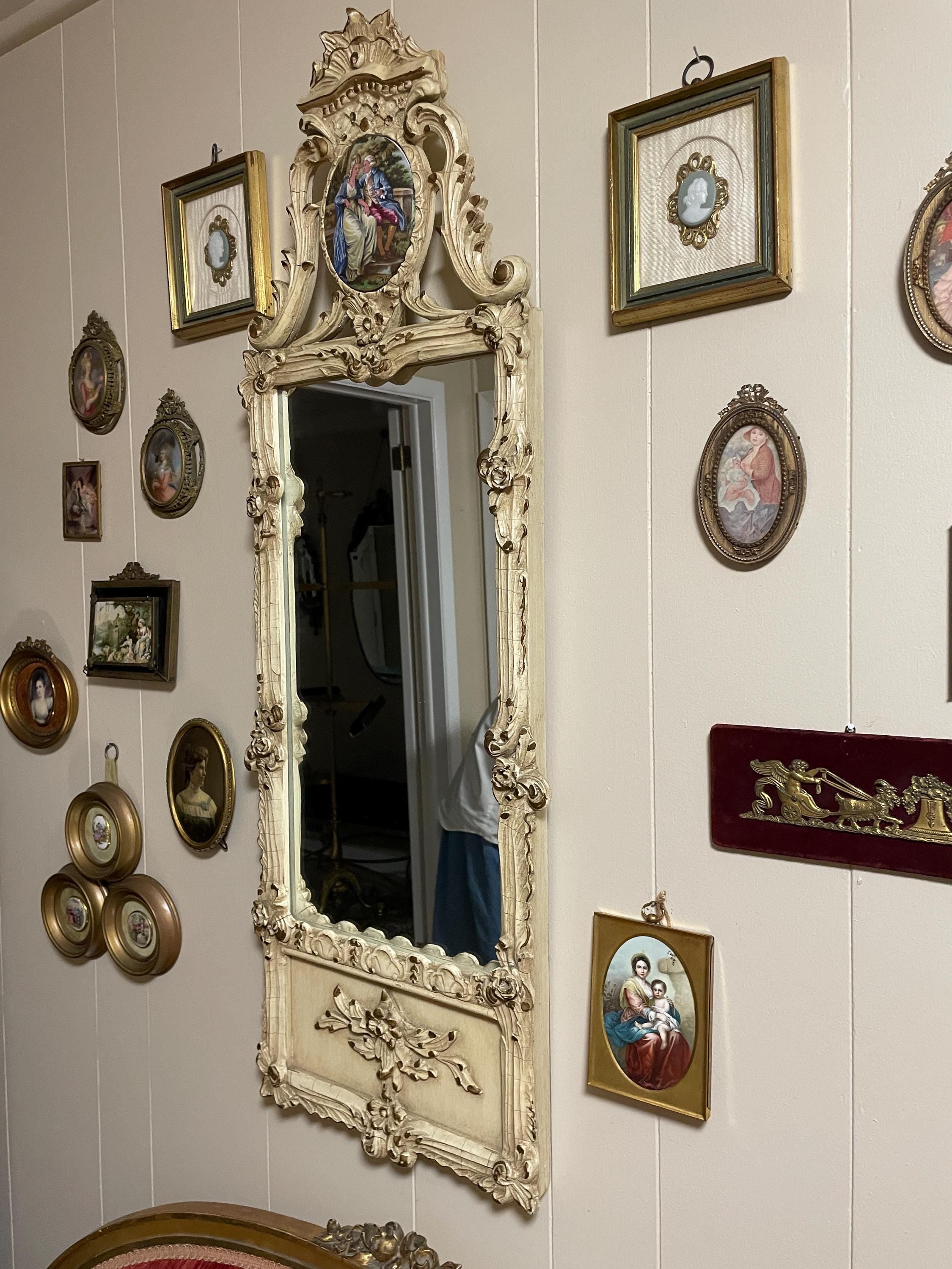 Antique French Rococo Mirror Large Hand Painted Porcelain Plaque Gilt Carved Wood Frame Ornate Wall Mirror Vintage French Home Decor
