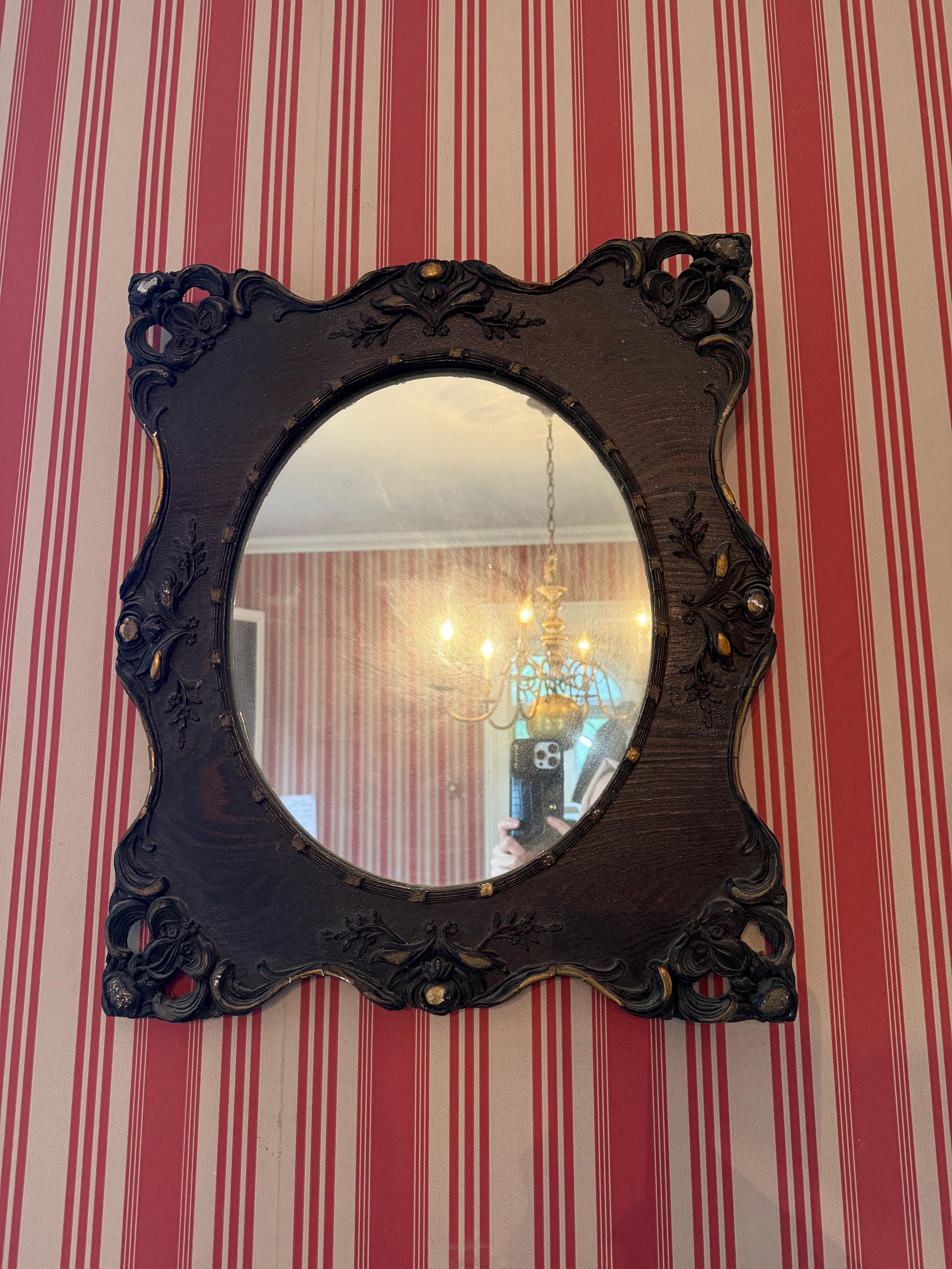 Antique Victorian Wall Mirror Ornate Carved Oval Mirror Gilded Accents Gothic Gesso Rococo Decor Dark Wood Baroque French Luxurious Mirror
