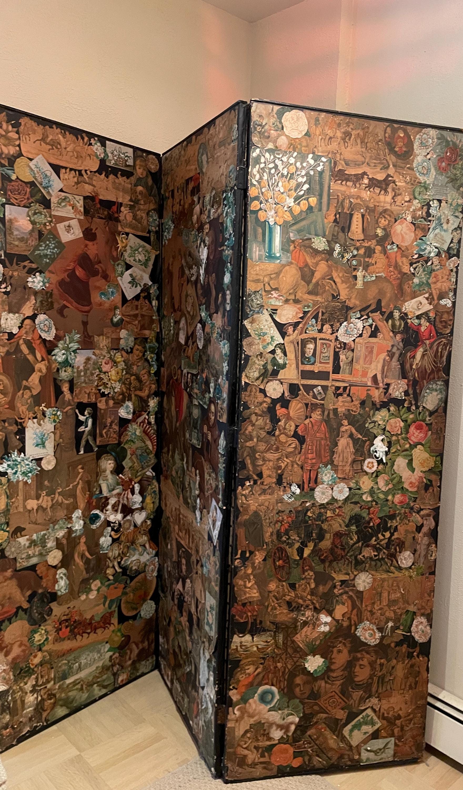 Victorian Decoupage Folding Screen Antique Handcrafted Collage Art Wall Decor Featuring Vintage Illustrations Beautiful Painted Wood Panels