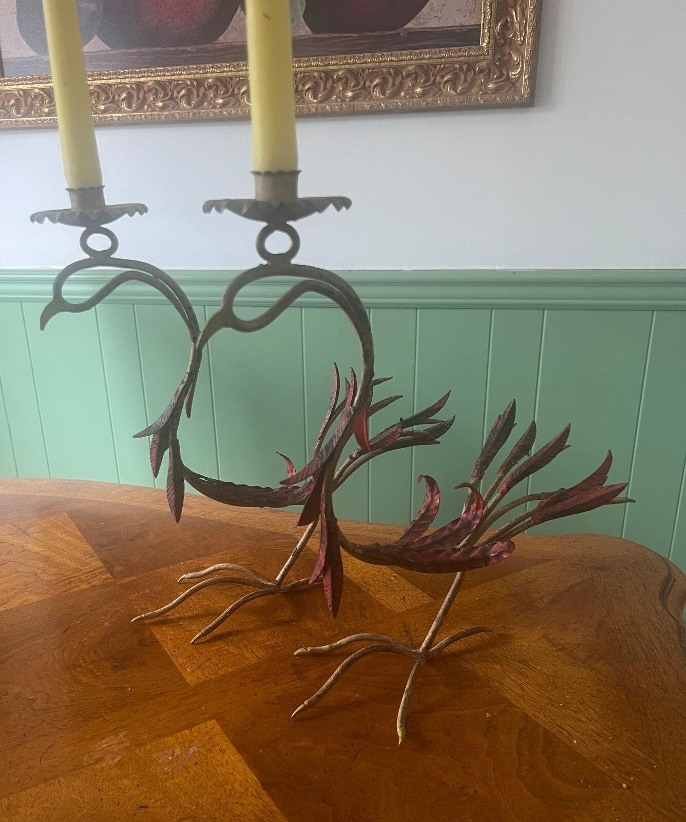 Vintage Handcrafted Rooster Candelabra Pair Sculptural Mid Century Folk Art Metal Candle Holders Statement Table Decoration Unique Iron Art
