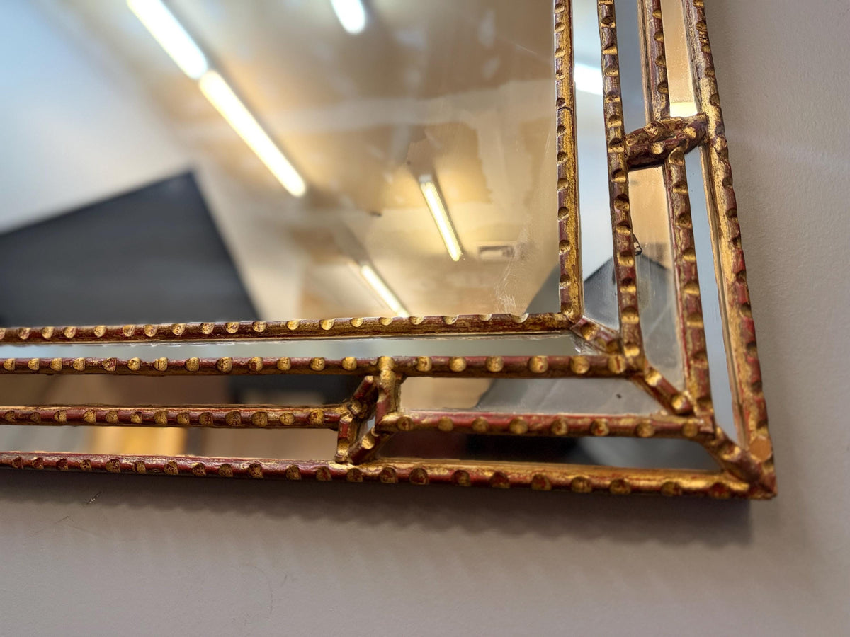 Vintage Venetian Giltwood Mirrored Wall Mirror, Gold Leaf Red Patina, Decorative Beveled Mirror Frame