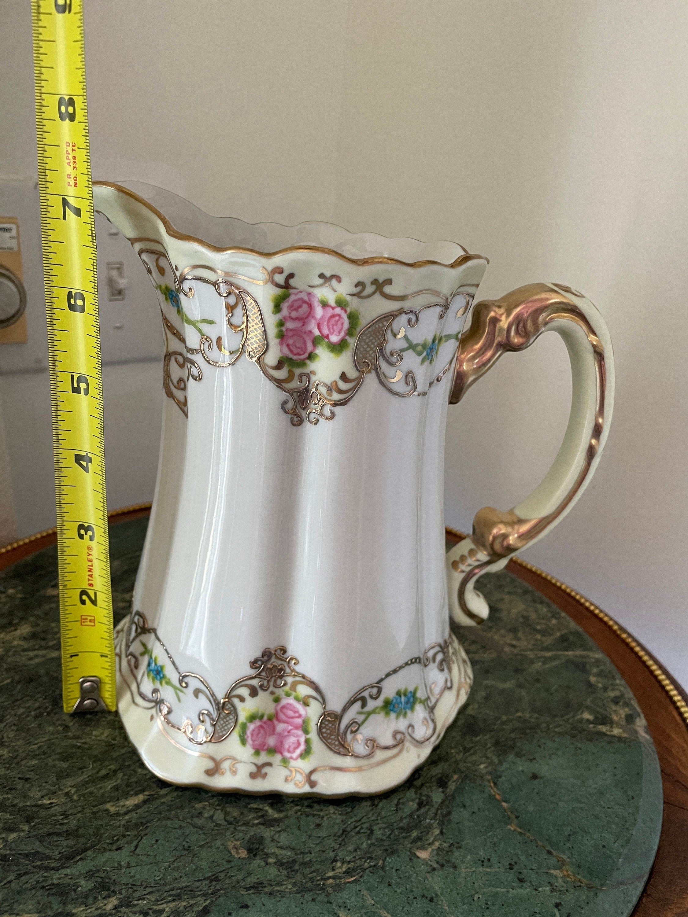Antique Victorian Floral Hand Painted Porcelain  Pitcher Gold Gilt