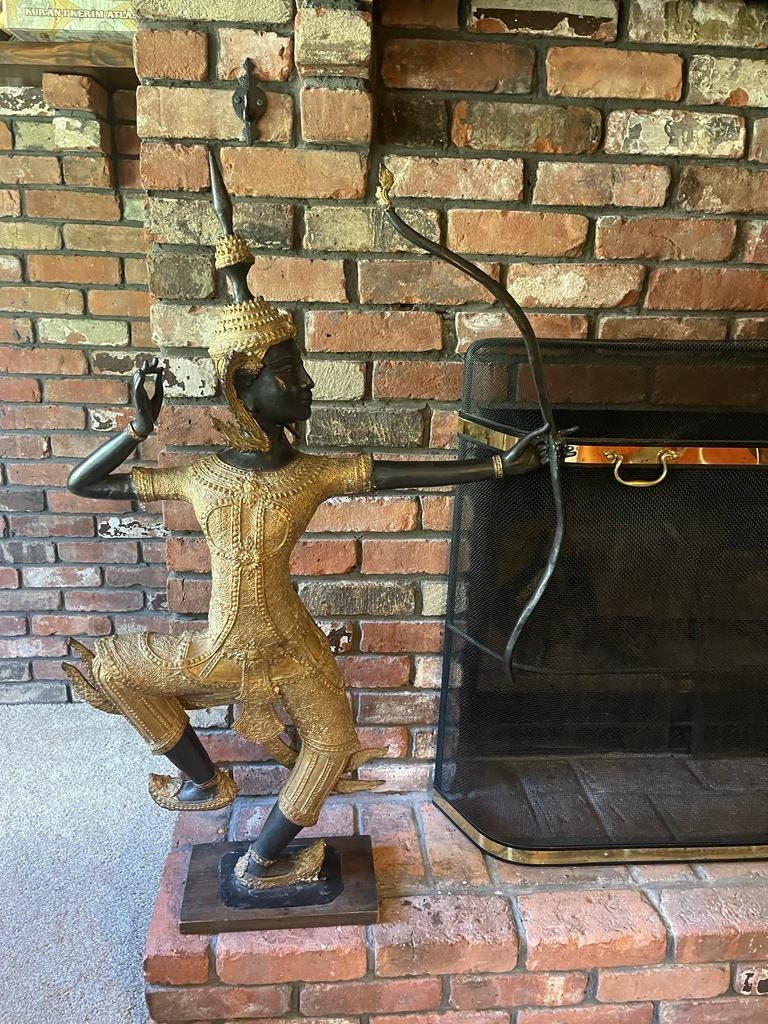 Thai Bronze Archer Dancer Statues Pair Large Gilt Temple Sculpture Guardian Figures Vintage Asian Decor  Art Statement Luxurious Home Accent