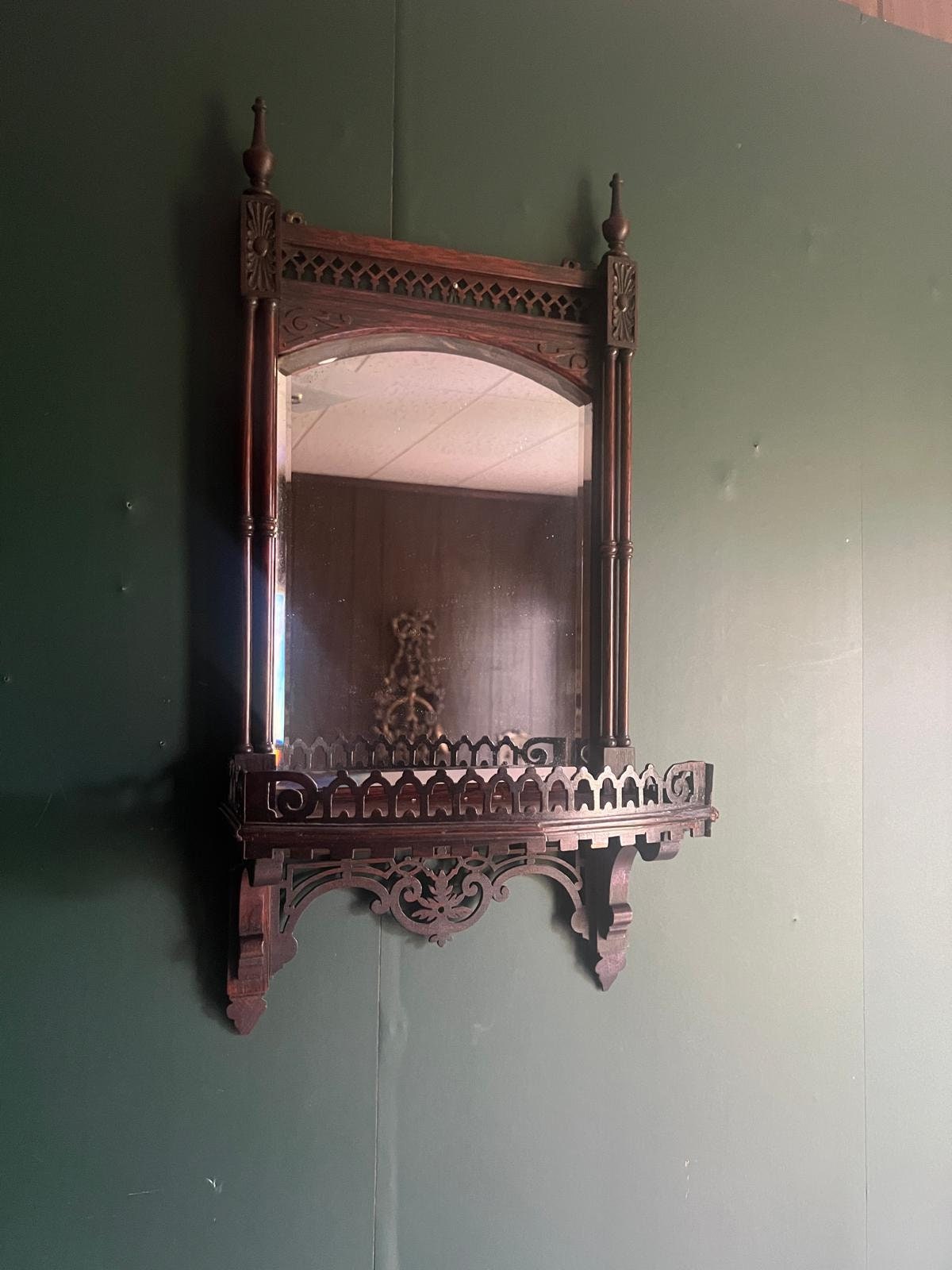 Antique Victorian Wall Mirror Wood Frame Gothic Shelf Hallway Accent Ornate Entryway Decor Carved Hanging Piece Collectible Unique Vanity