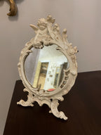 Vintage Ornate Tabletop with Cherub Accent Rococo Style Distressed White Finish Collectible Vanity Deco Antique Inspired Design Mirror