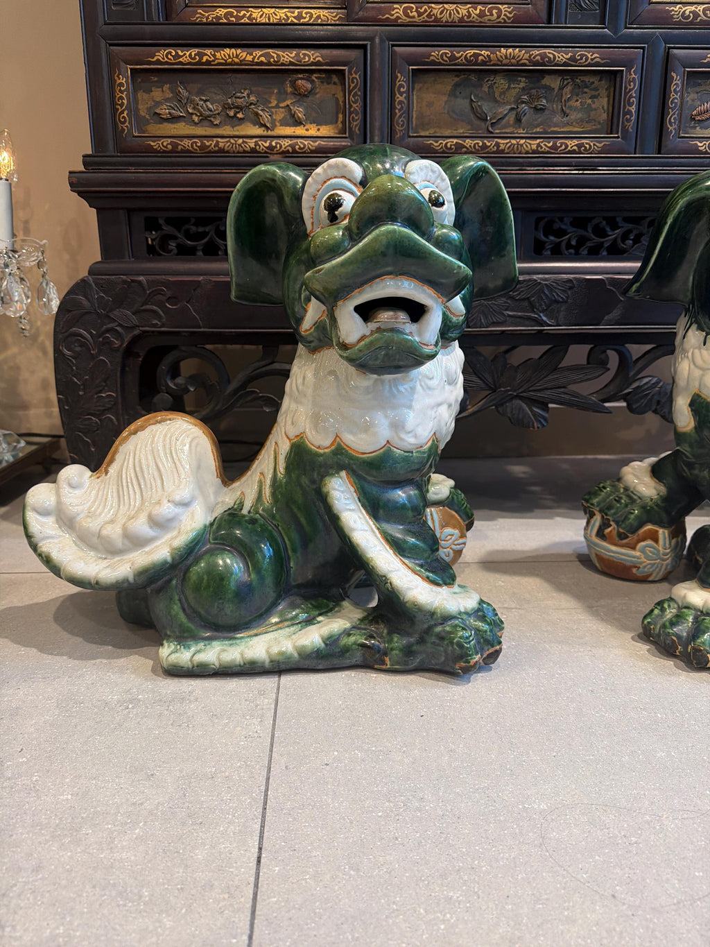 Vintage Green Glazed Foo Dog Pair, 16" Chinese Guardian Lions, Hollywood Regency Chinoiserie Statues