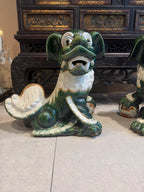 Vintage Green Glazed Foo Dog Pair, 16" Chinese Guardian Lions, Hollywood Regency Chinoiserie Statues