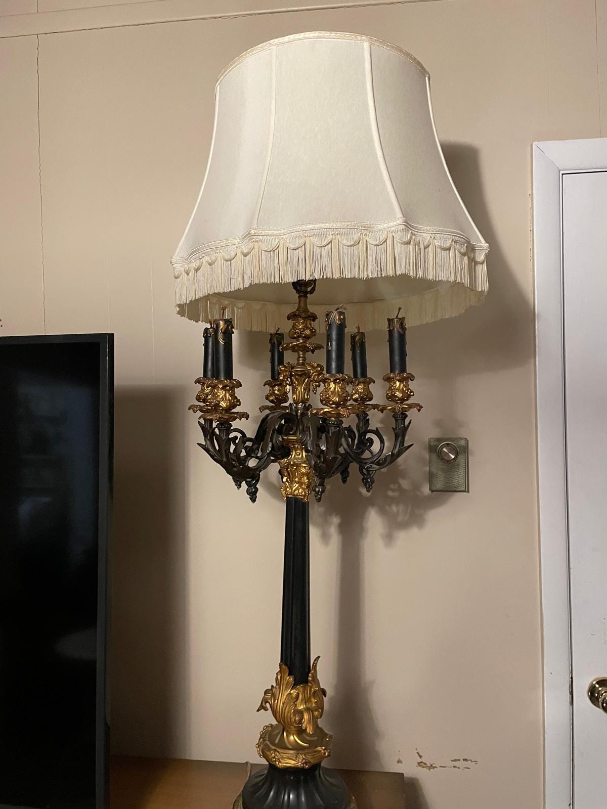 Antique Brass Candelabra Lamp Elegant Shade Vintage Ornate Lighting Decorative Table Lamp Luxurious Home Décor Timeless Classic Piece Lamp