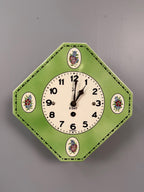 Antique German 8-Day Mechanical  Wall Clock with Floral Green Octagonal Porcelain Face, c. 1930s–1950s