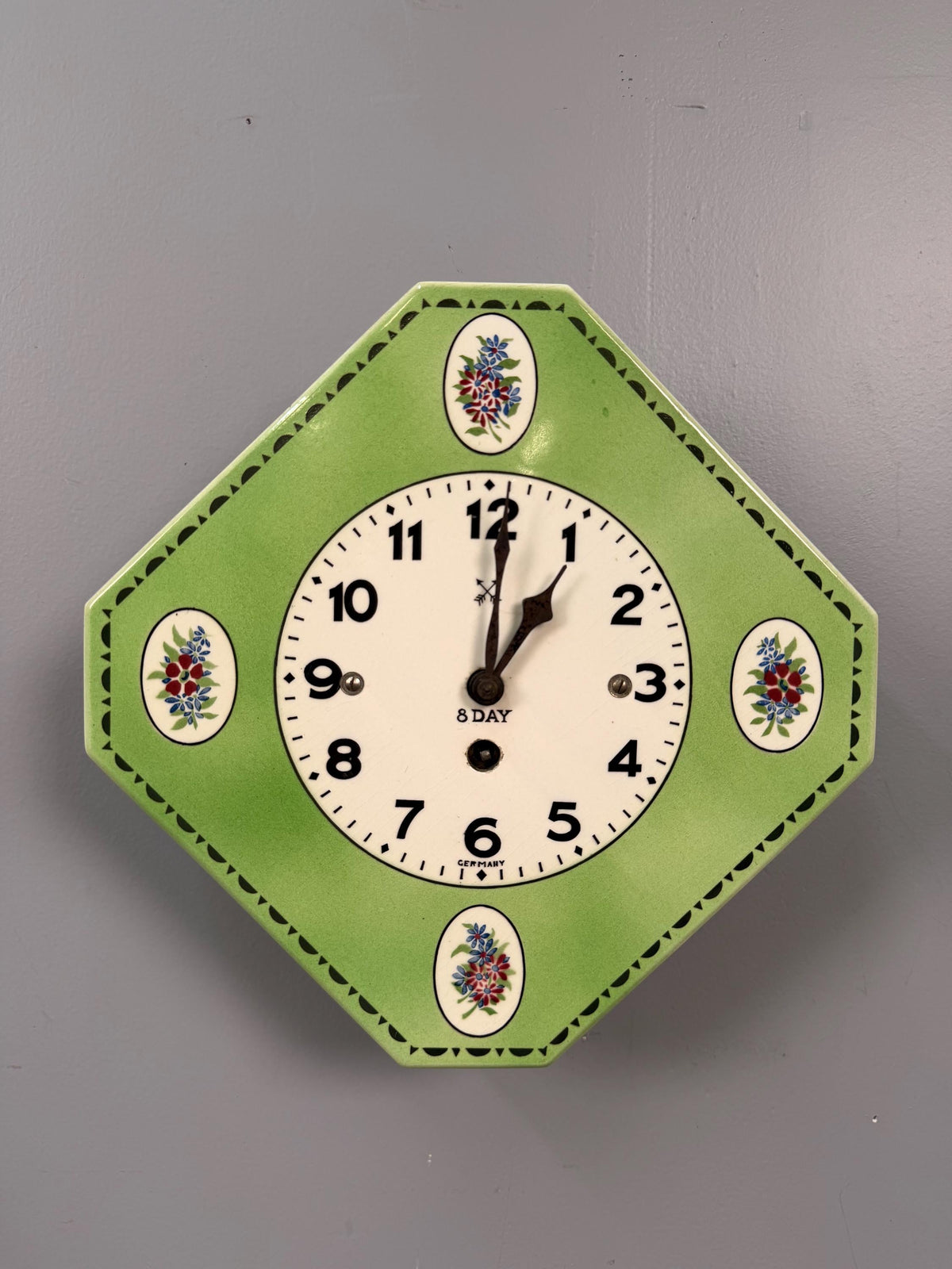 Antique German 8-Day Mechanical  Wall Clock with Floral Green Octagonal Porcelain Face, c. 1930s–1950s