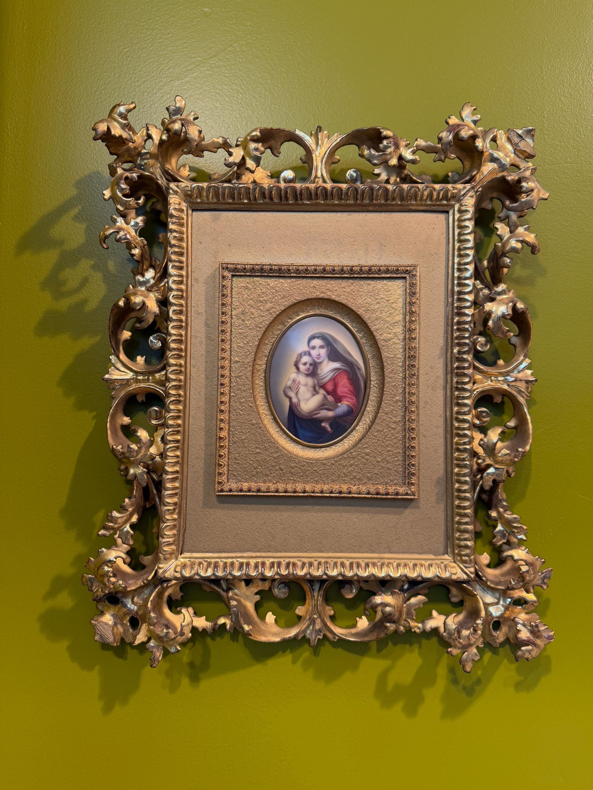 Antique KPM Porcelain Oil Painting of Madonna &Child on Gold Giltwood Framed Porcelain Miniature in Ornate Baroque Gilt Frame Religious Art
