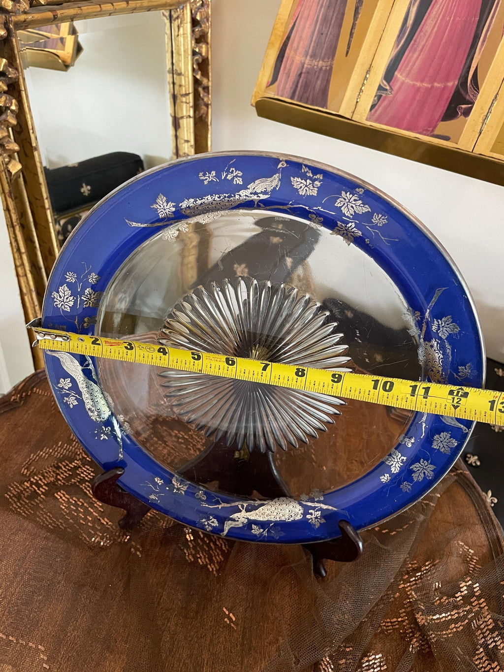 Vintage Sterling Blue Glass Plate Peacock Design Intricate Etching Detailed Glasswork Beautiful Antique Collector's Item Display Home Design