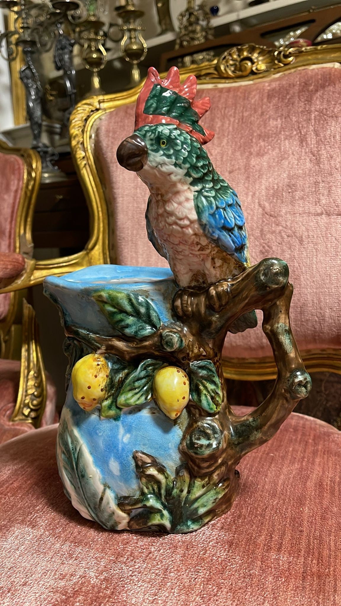 Hand Painted Parrot Pitcher Colorful Ceramic Jug Decorative Lemon Design Tropical Bird Shape Blue Green Yellow Red Unique Vintage Home