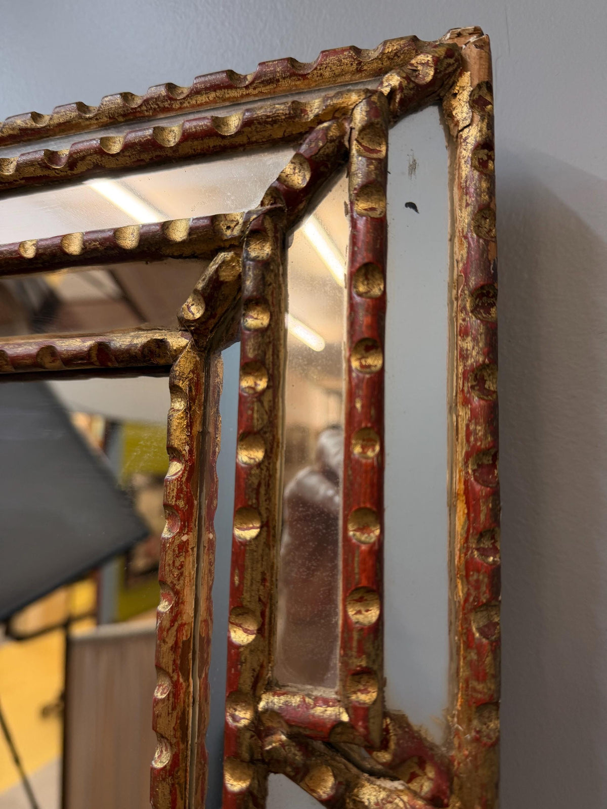 Vintage Venetian Giltwood Mirrored Wall Mirror, Gold Leaf Red Patina, Decorative Beveled Mirror Frame