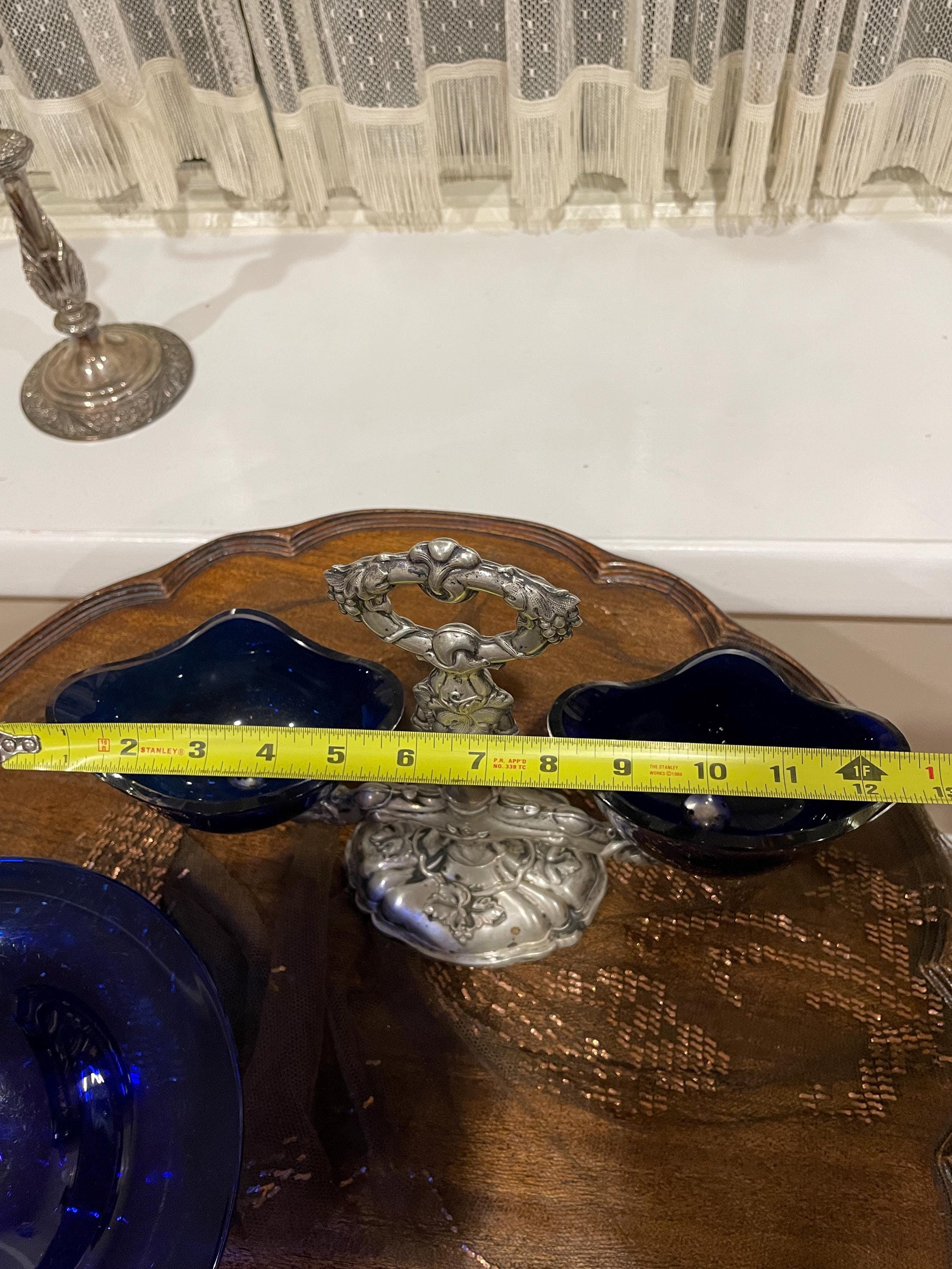 Antique Silver Salt Cellar Cobalt Blue Glass Insert Ornate Grape Design Rococo Centerpiece Victorian Dining Table Collectible Decoration