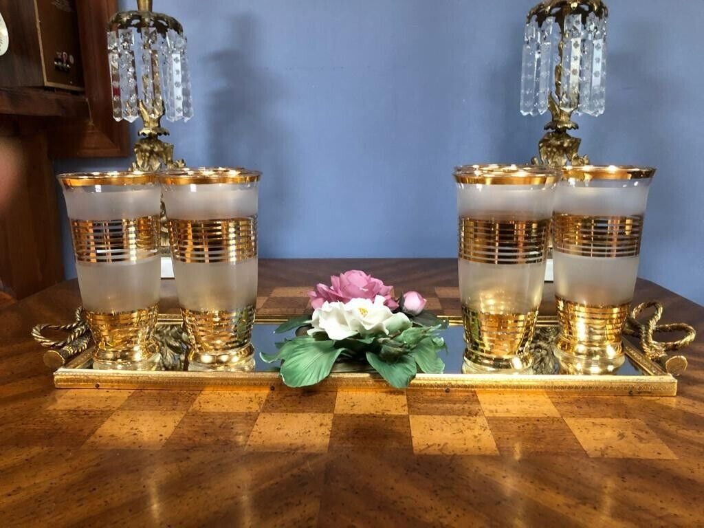 Vintage Gold Striped Frosted Glassware Set Mid Century Barware Elegant Tumblers Hollywood Regency Home Decoration Drinkware Display Piece