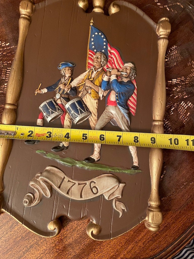Vintage The Spirit Of 76 Hanging Porcelain Wall Plaque American Flag Gold Brown Colored 15"9"