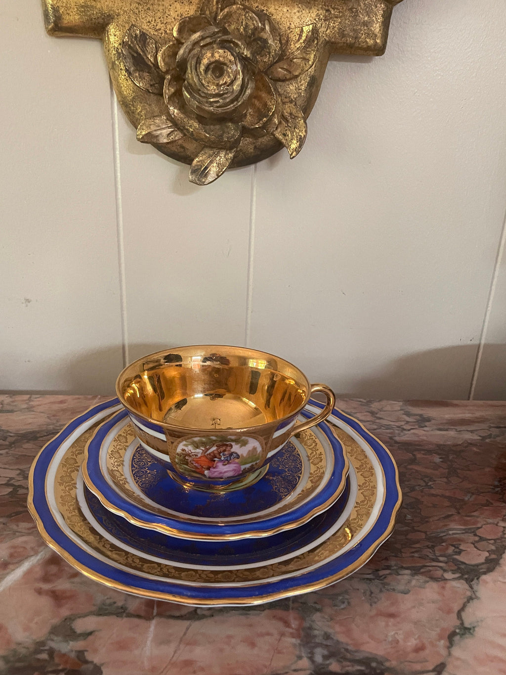 Vintage Set of 3 Blue & Gold Trim Froganard Design Collectible Cup Saucer Plate
