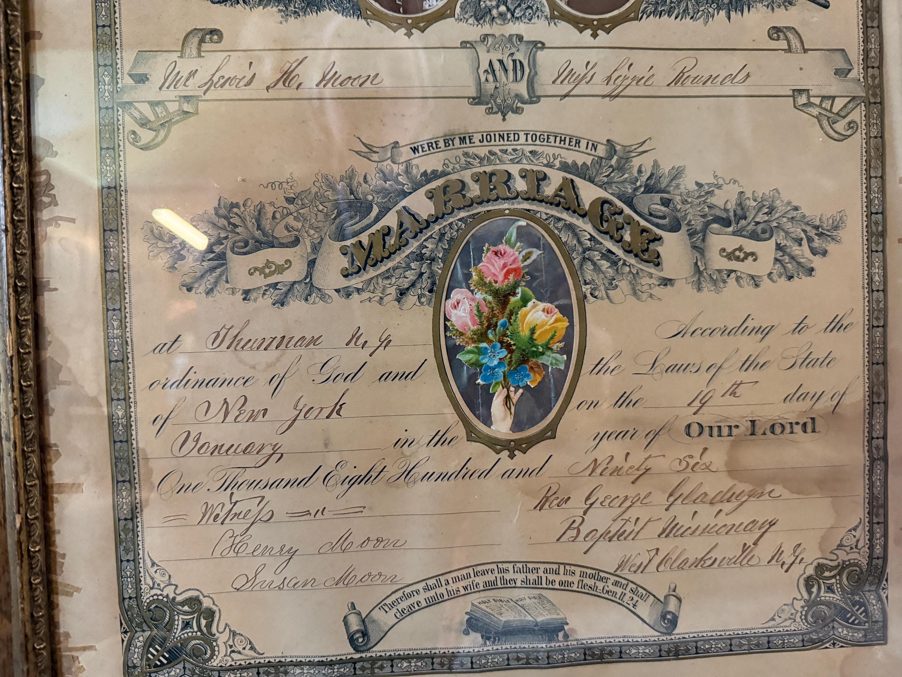 Antique 1896 Marriage Certificate Art Print Framed Religious Floral Engraving Wall Decor Wedding Ephemera Victorian Couple Photograph